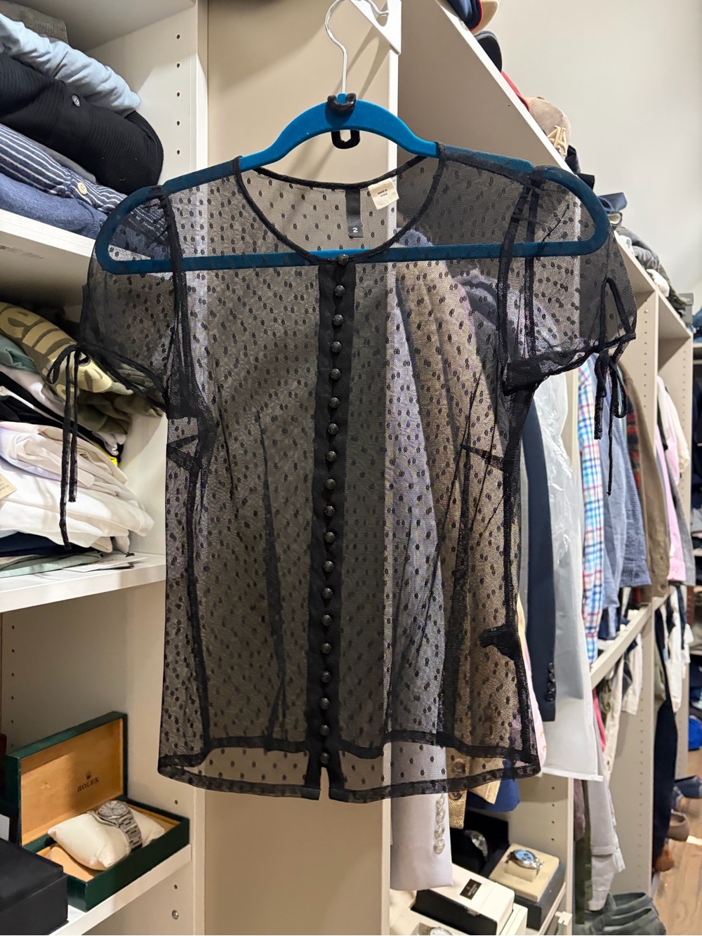 Sheer Black Polka Dot Button-Front Women's Top